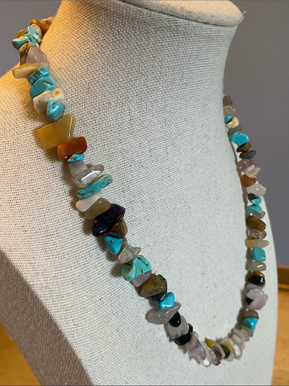 Mixed Natural Stone Chip Necklace Turquoise Amethyst Quartz 17”